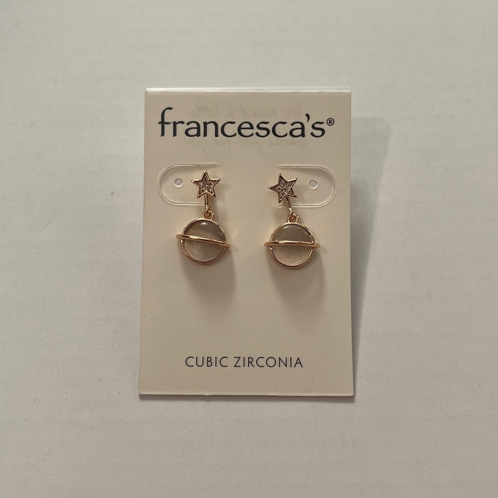 Francesca’s Small Saturn Post CZ Star Gold Tone Earrings NWT